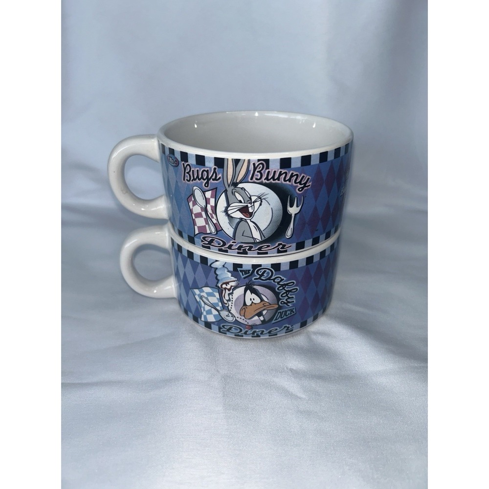 Vtg 1998 Warner Bros Looney Toons The Bugs Bunny and Daffy Duck Diner Soup Mugs